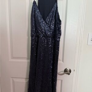 Elegant Navy Sequin Mid Length Dress